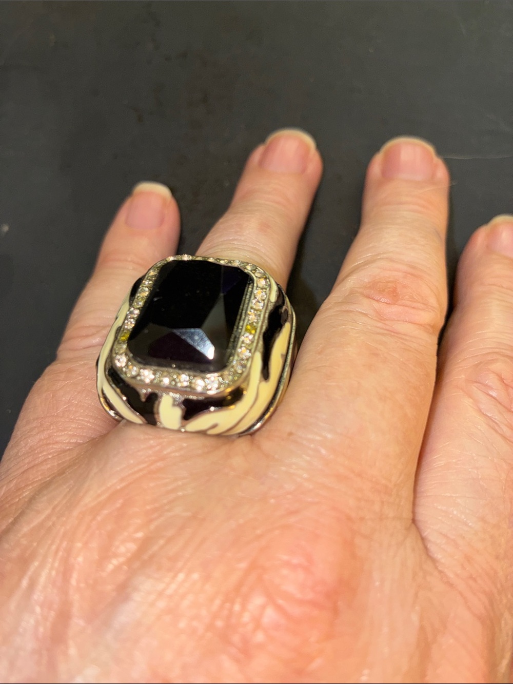 Black Crystal-Frame Statement Stretch Ring with Cream Enamel Accents